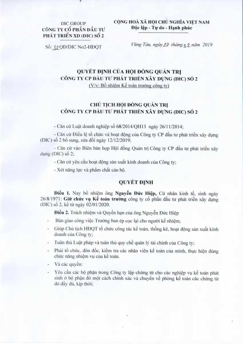 QUYẾT ĐỊNH BỔ NHIỆM ÔNG NGUYỄN ĐỨC HIỆP GIỮ CHỨC VỤ KẾ TOÁN TRƯỞNG